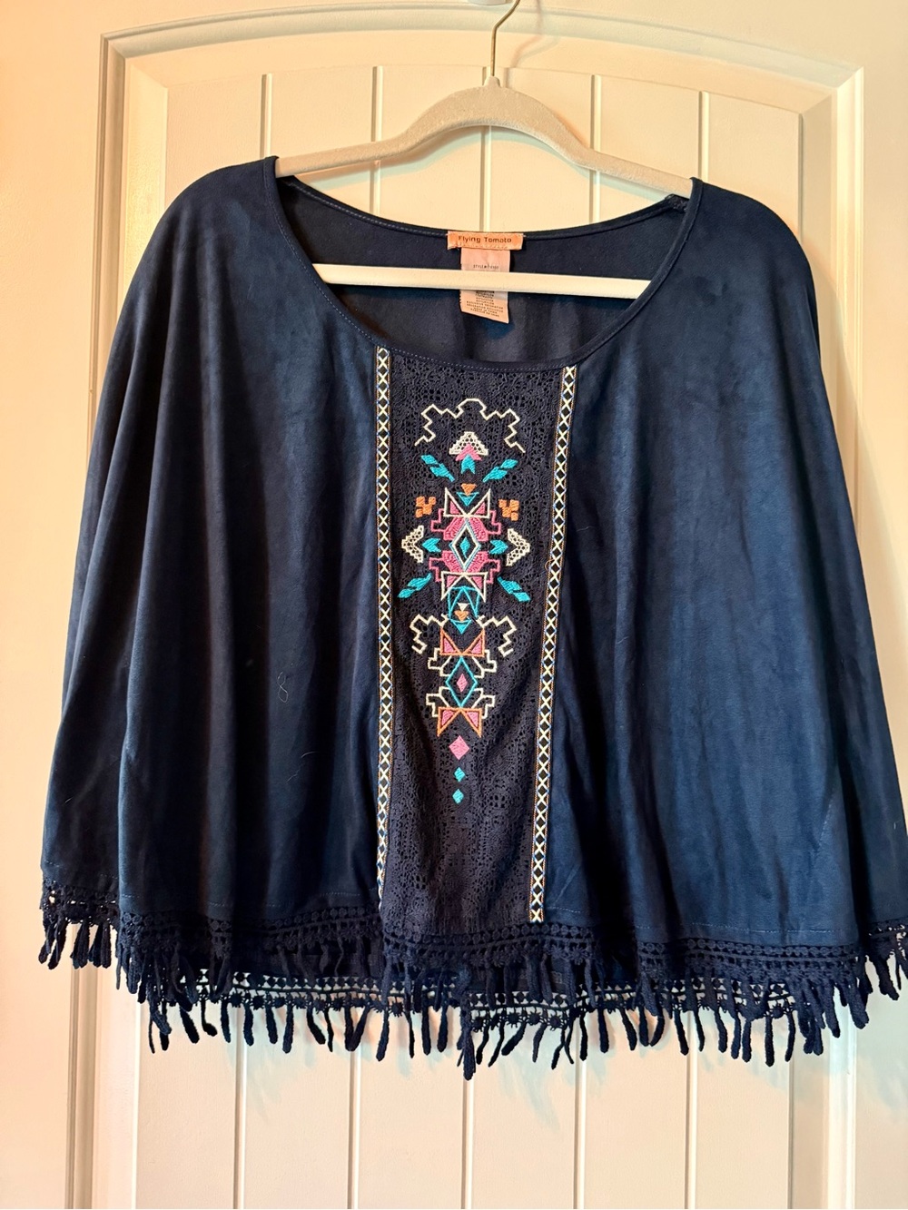 Flying Tomato Navy Embroidered Tassel-Hem Cape Poncho